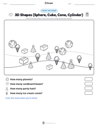 3D Shapes (Sphere, Cube, Cone, Cylinder) printable worksheet preview
