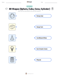 3D Shapes (Sphere, Cube, Cone, Cylinder) printable worksheet for kids