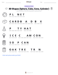 3D Shapes (Sphere, Cube, Cone, Cylinder) printable worksheet preview