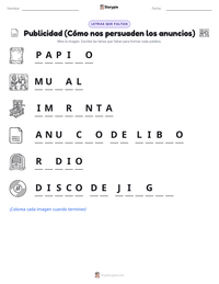 Vista previa de la hoja de trabajo imprimible de Publicidad (Cómo nos persuaden los anuncios)