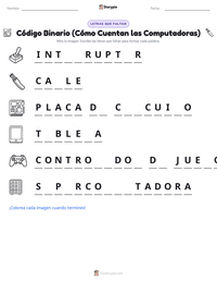Vista previa de la hoja de trabajo imprimible de Código Binario (Cómo Cuentan las Computadoras)