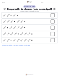 Vista previa de la hoja de trabajo imprimible de Comparación de números (más, menos, igual)