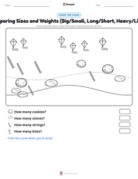Comparing Sizes and Weights (Big/Small, Long/Short, Heavy/Light) printable worksheet preview
