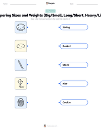 Comparing Sizes and Weights (Big/Small, Long/Short, Heavy/Light) printable worksheet for kids