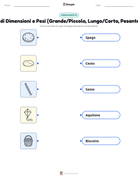 Scheda stampabile di Confronto di Dimensioni e Pesi (Grande/Piccolo, Lungo/Corto, Pesante/Leggero) per bambini
