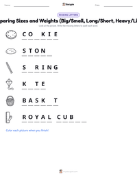 Comparing Sizes and Weights (Big/Small, Long/Short, Heavy/Light) printable worksheet preview