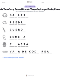 Vista previa de la hoja de trabajo imprimible de Comparando Tamaños y Pesos (Grande/Pequeño, Largo/Corto, Pesado/Ligero)