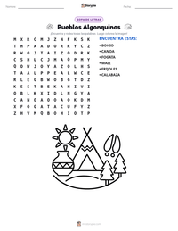 Vista previa de la hoja de trabajo imprimible de Pueblos Algonquinos