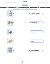 Hoja de trabajo imprimible de Sistemas Económicos (Economías de Mercado vs. Planificadas) para niños