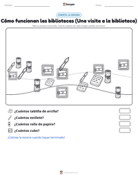 Vista previa de la hoja de trabajo imprimible de Cómo funcionan las bibliotecas (Una visita a la biblioteca)