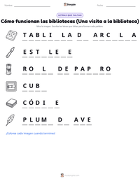 Vista previa de la hoja de trabajo imprimible de Cómo funcionan las bibliotecas (Una visita a la biblioteca)