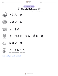 Prévia da folha de atividades imprimível Claude Debussy