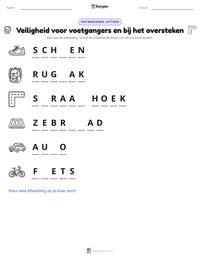 Veiligheid voor voetgangers en bij het oversteken afdrukbare werkblad voorbeeld