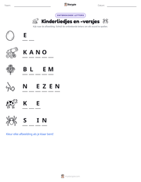Kinderliedjes en -versjes afdrukbare werkblad voorbeeld