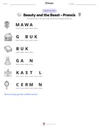 Prabaca lembar kerja cetak Beauty and the Beast - Prancis