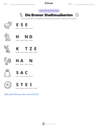 Die Bremer Stadtmusikanten druckbare Arbeitsblatt Vorschau