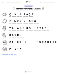 Hansel ve Gretel - Alman yazdırılabilir çalışma sayfası önizlemesi