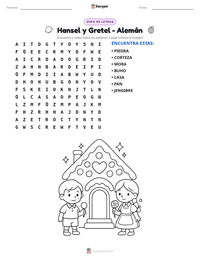Vista previa de la hoja de trabajo imprimible de Hansel y Gretel - Alemán