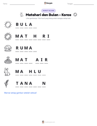 Prabaca lembar kerja cetak Matahari dan Bulan - Korea