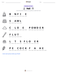 Holi printable worksheet preview