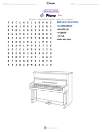 Vista previa de la hoja de trabajo imprimible de Piano