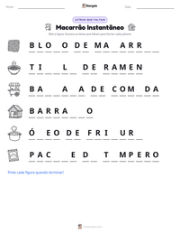Prévia da folha de atividades imprimível Macarrão Instantâneo