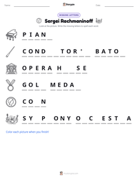 Sergei Rachmaninoff printable worksheet preview