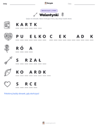 Podgląd drukowalnego arkusza ćwiczeń Walentynki