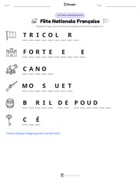 Aperçu de la feuille de travail imprimable Fête Nationale Française