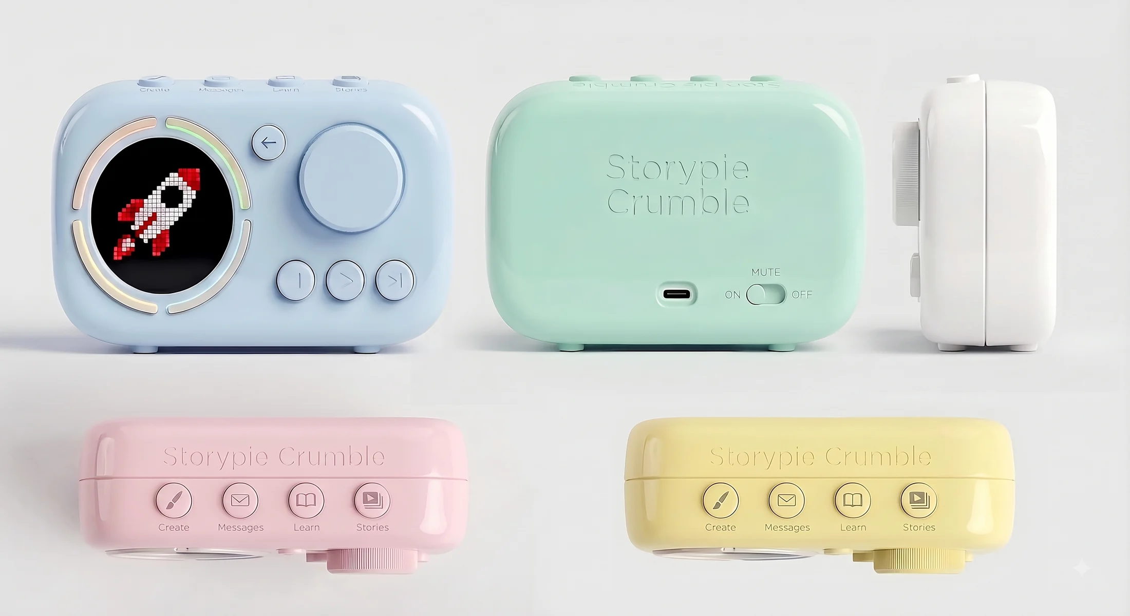 Storypie Crumble dalam warna biru langit, mint, putih awan, coral dan kuning mentega, depan, belakang, samping dan atas.