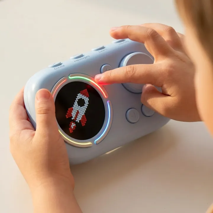 يتم حمل الكرملة بيدين مع إضاءة الحلقة الملونة الأربعة حول الشاشة.