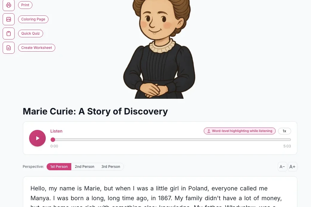 Marie Curie story — first-person living books narration