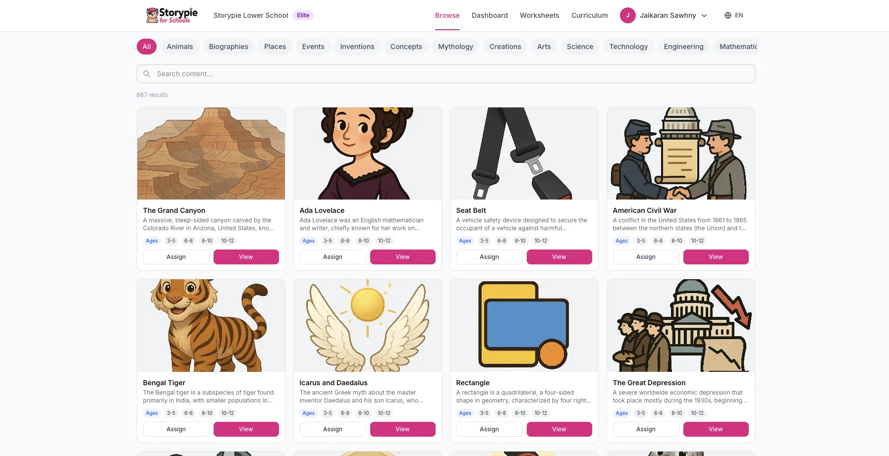 Storypie browse library with categories and character illustrations