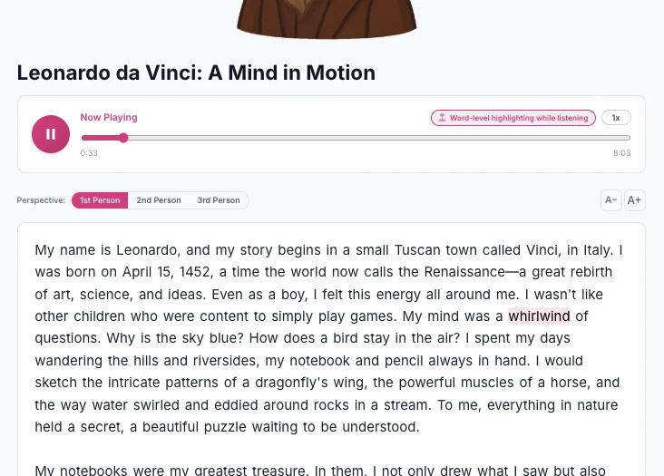 Audio-first story player — screen-free learning