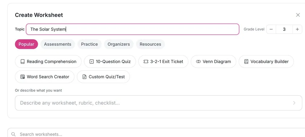 AI Worksheet Generator interface